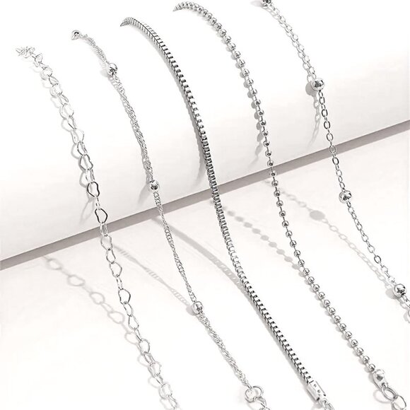 Bracelet 5pc Set Silver Heart Beads Box Chain Stylish Y2k Delicate Trendy Layer - Picture 3 of 4